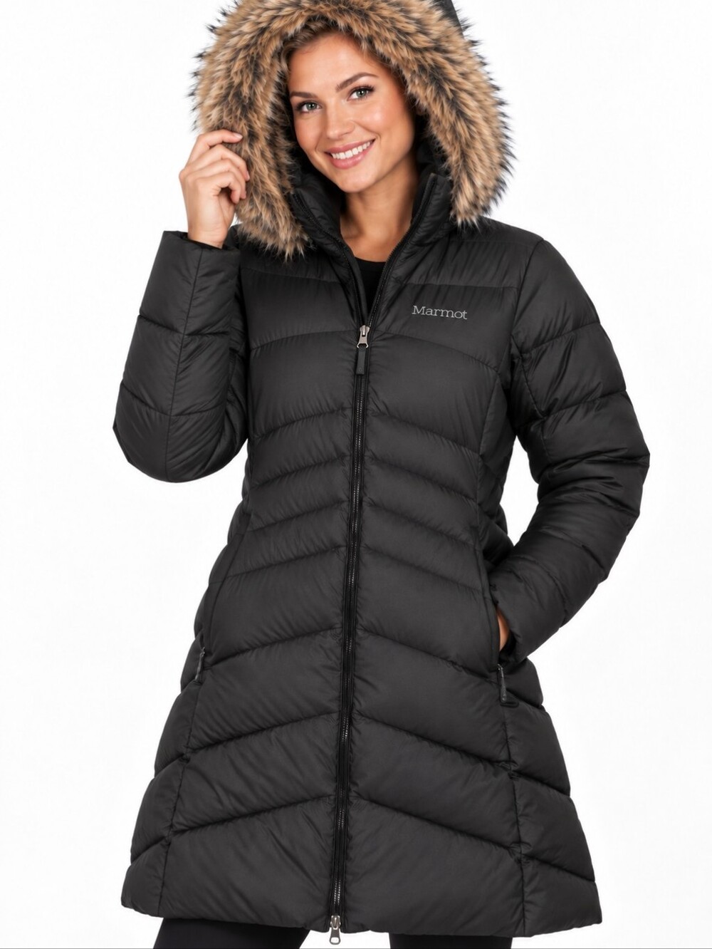 Marmot Montreal 700 Fill Down Puffer Coat Black Faux Fur Hood Women's L